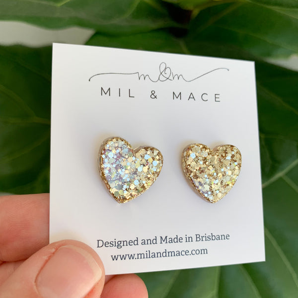 Heart Resin and Glitter Gold Stud Earrings