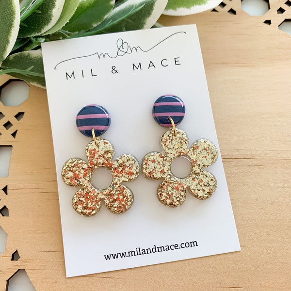 Gold Glitter Resin Flower Earrings
