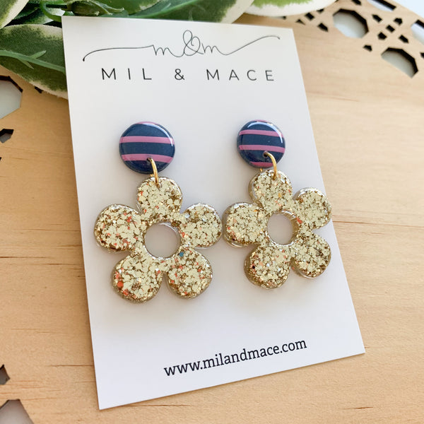 Gold Glitter Resin Flower Earrings