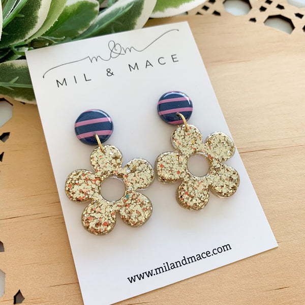 Gold Glitter Resin Flower Earrings