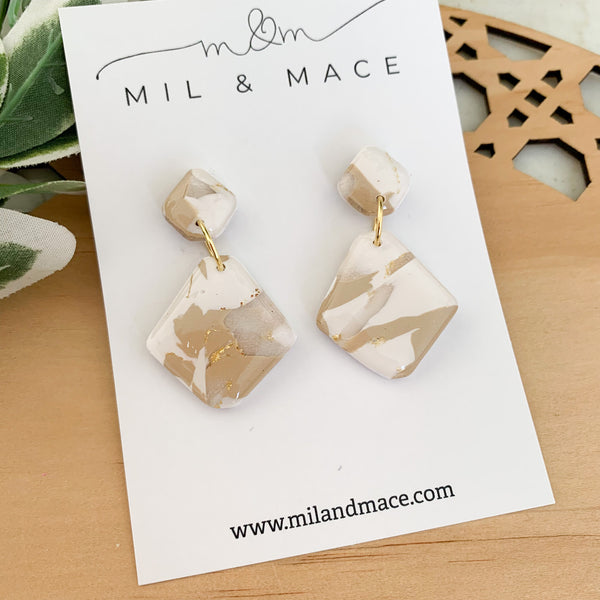 Neutral Marble Polymer Clay Dangle Earrings with Resin Finish