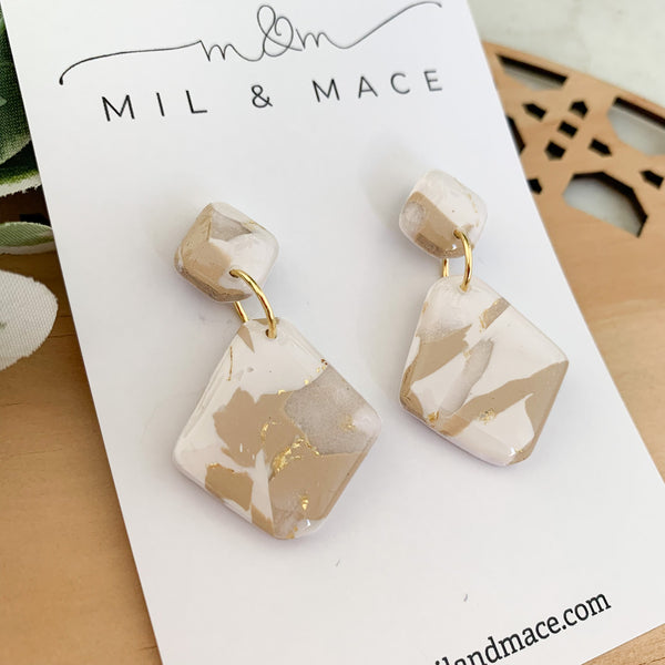 Neutral Marble Polymer Clay Dangle Earrings with Resin Finish