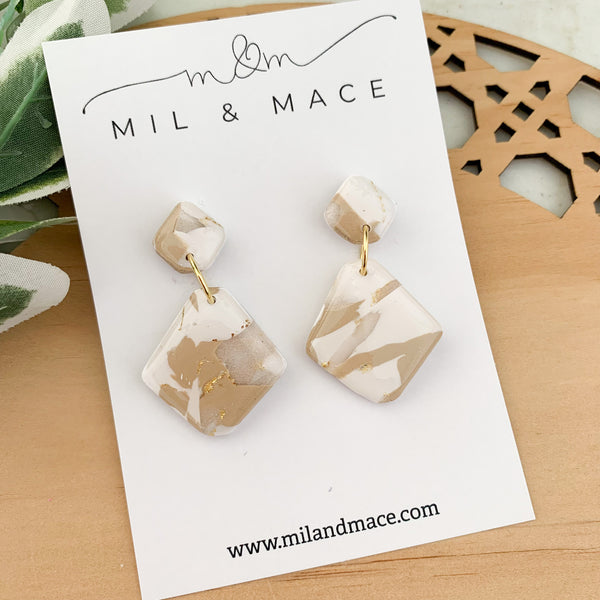 Neutral Marble Polymer Clay Dangle Earrings with Resin Finish