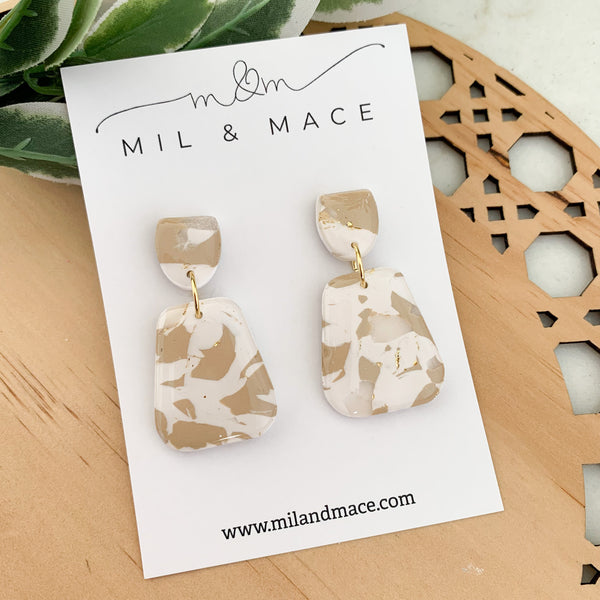 Neutral Marble Polymer Clay Dangle Earrings with Resin Finish