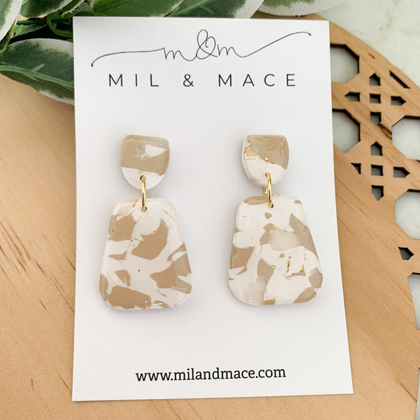 Neutral Marble Polymer Clay Dangle Earrings with Resin Finish