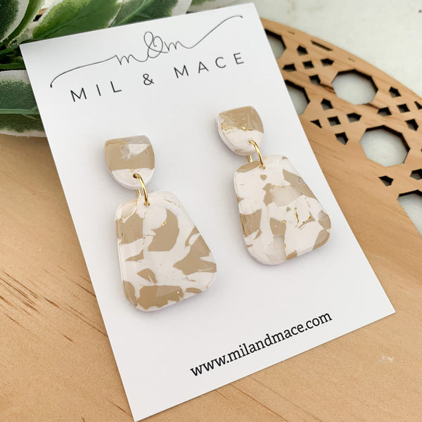 Neutral Marble Polymer Clay Dangle Earrings with Resin Finish