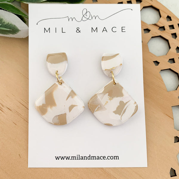 Neutral Marble Polymer Clay Dangle Earrings with Resin Finish