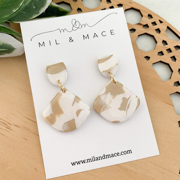 Neutral Marble Polymer Clay Dangle Earrings with Resin Finish