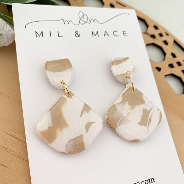 Neutral Marble Polymer Clay Dangle Earrings with Resin Finish