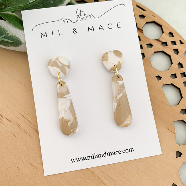 Neutral Marble Polymer Clay Dangle Earrings with Resin Finish