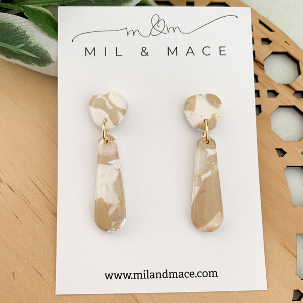 Neutral Marble Polymer Clay Dangle Earrings with Resin Finish