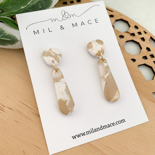 Neutral Marble Polymer Clay Dangle Earrings with Resin Finish