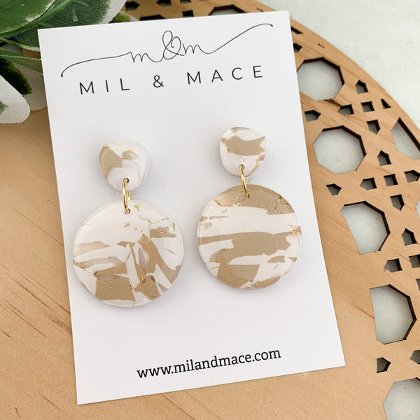 Neutral Marble Polymer Clay Dangle Earrings with Resin Finish