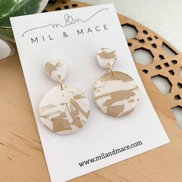 Neutral Marble Polymer Clay Dangle Earrings with Resin Finish