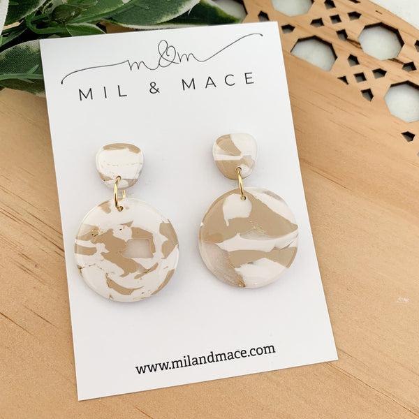Neutral Marble Polymer Clay Dangle Earrings with Resin Finish