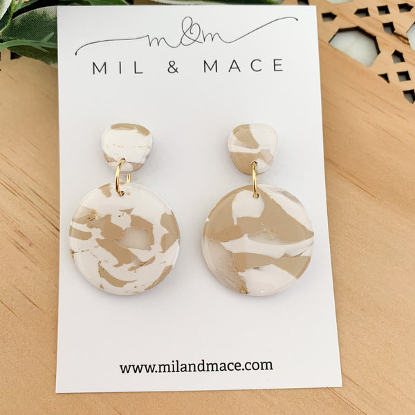 Neutral Marble Polymer Clay Dangle Earrings with Resin Finish