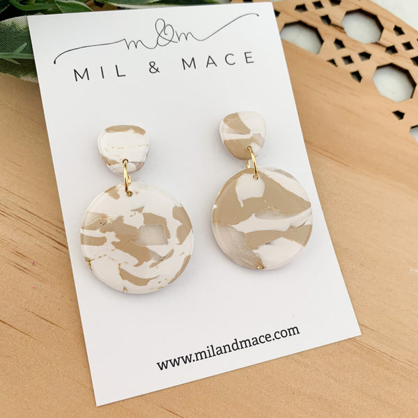 Neutral Marble Polymer Clay Dangle Earrings with Resin Finish