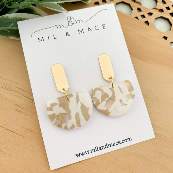 Neutral Marble Polymer Clay Dangle Earrings with Resin Finish
