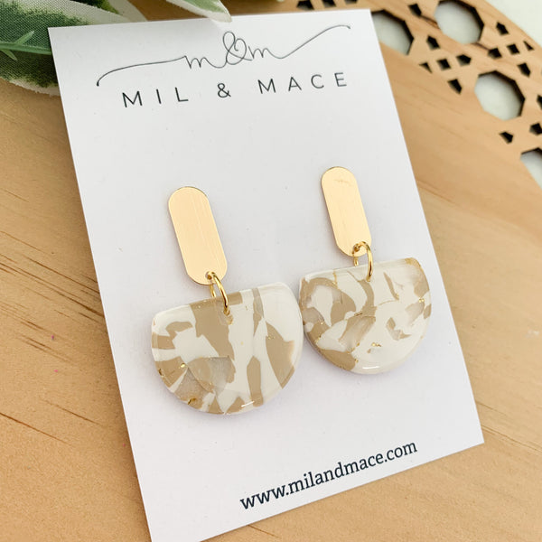 Neutral Marble Polymer Clay Dangle Earrings with Resin Finish