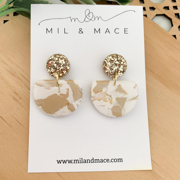 Neutral Marble Polymer Clay Dangle Earrings with Resin Finish