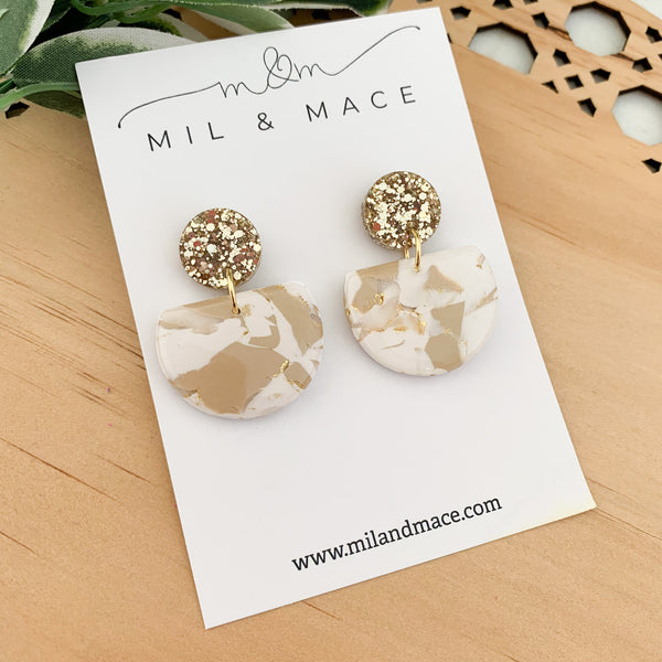 Neutral Marble Polymer Clay Dangle Earrings with Resin Finish
