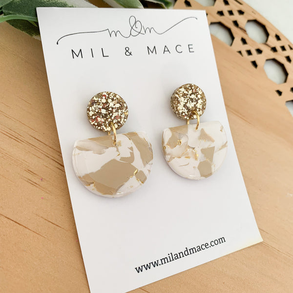 Neutral Marble Polymer Clay Dangle Earrings with Resin Finish