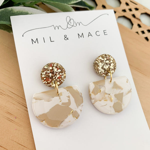 Neutral Marble Polymer Clay Dangle Earrings with Resin Finish