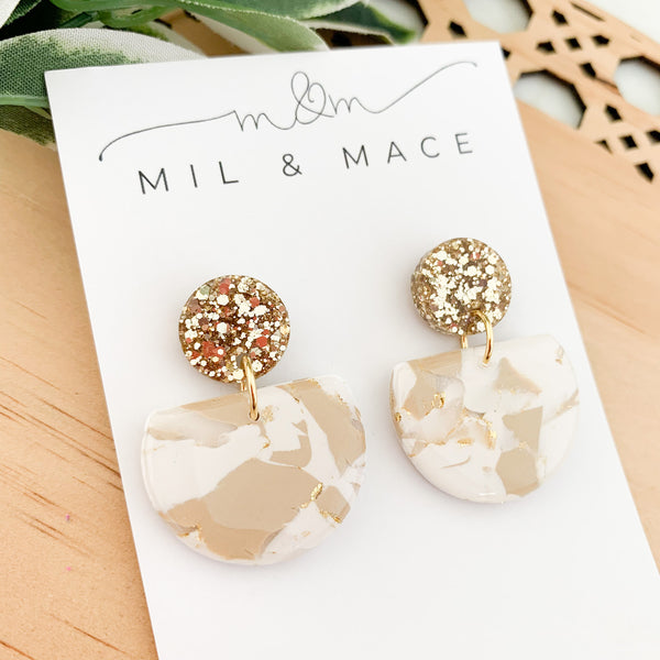 Neutral Marble Polymer Clay Dangle Earrings with Resin Finish
