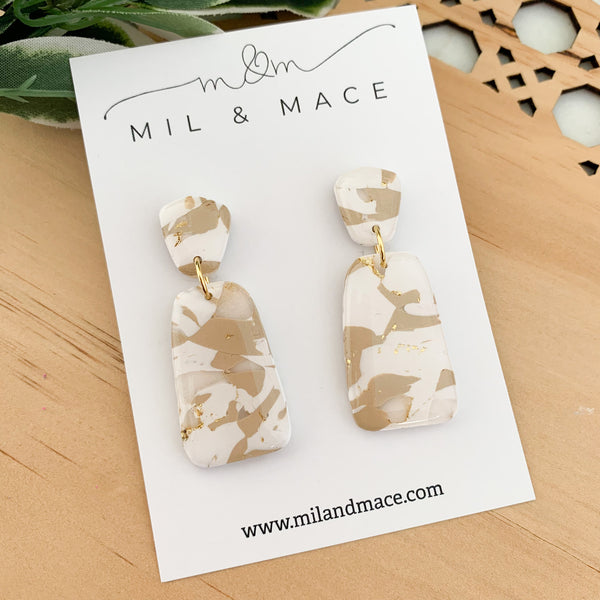 Neutral Marble Polymer Clay Dangle Earrings with Resin Finish