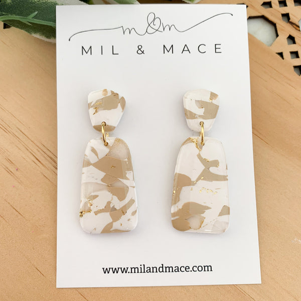Neutral Marble Polymer Clay Dangle Earrings with Resin Finish
