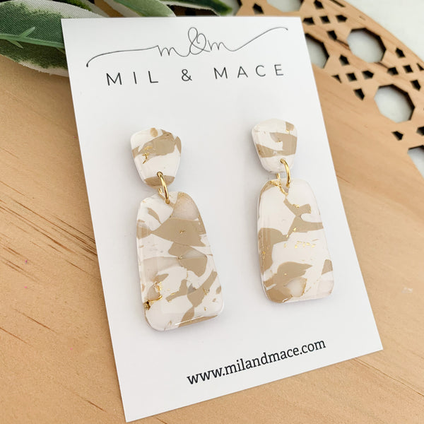 Neutral Marble Polymer Clay Dangle Earrings with Resin Finish