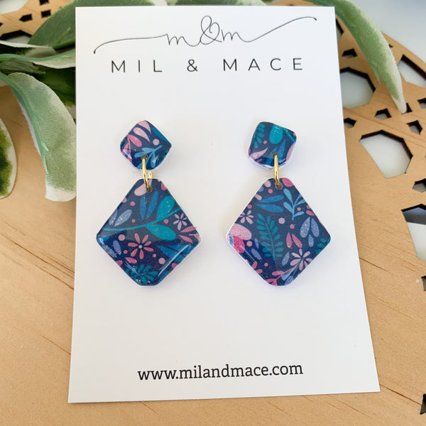 Floral Polymer Clay Dangle Earrings with Resin Finish