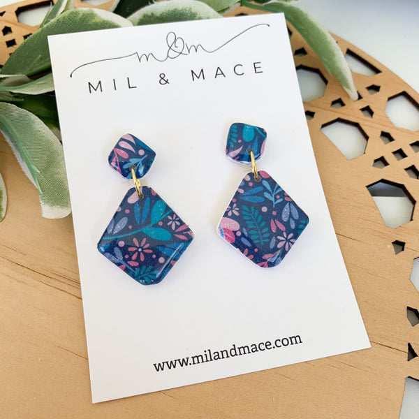 Floral Polymer Clay Dangle Earrings with Resin Finish