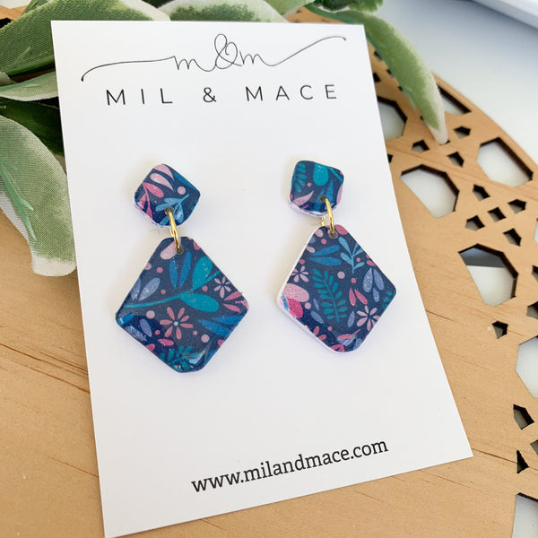 Floral Polymer Clay Dangle Earrings with Resin Finish