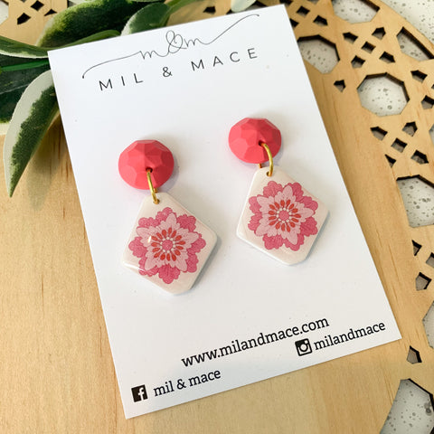 Boho Inspired Pink Flower Polymer Clay and Resin Dangle Earrings