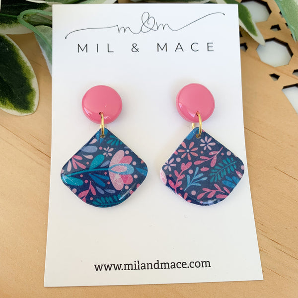 Floral Polymer Clay Dangle Earrings with Resin Finish