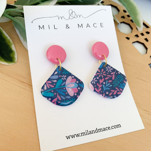 Floral Polymer Clay Dangle Earrings with Resin Finish