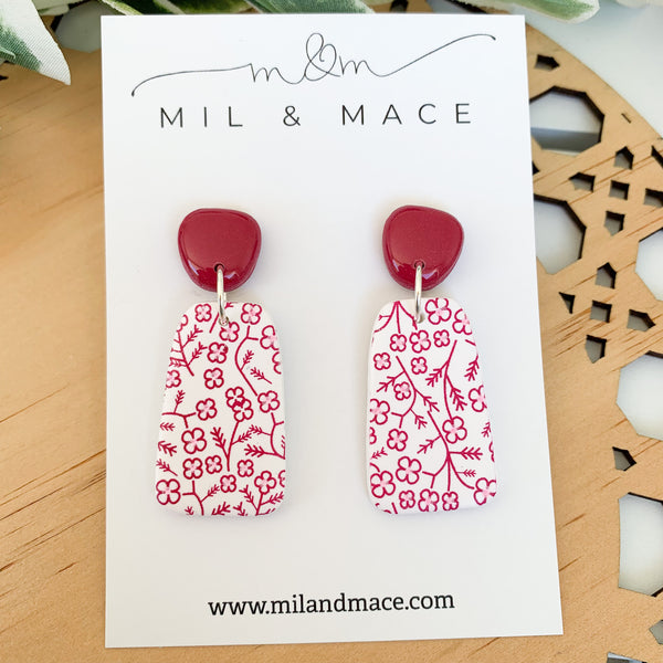 Burgundy and White Floral Polymer Clay Dangle Earrings