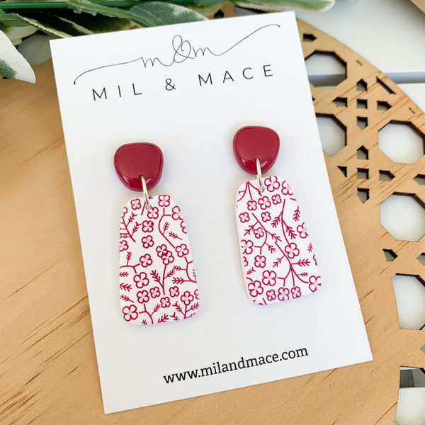 Burgundy and White Floral Polymer Clay Dangle Earrings