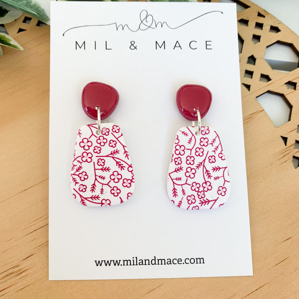 Burgundy and White Floral Polymer Clay Dangle Earrings