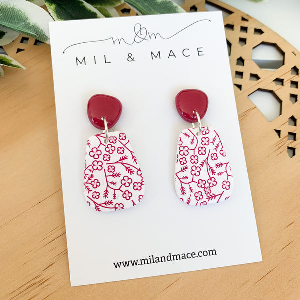 Burgundy and White Floral Polymer Clay Dangle Earrings