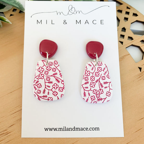 Burgundy and White Floral Polymer Clay Dangle Earrings