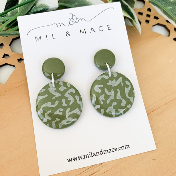 Green and White Polymer Clay Dangle Earrings with Resin Finish