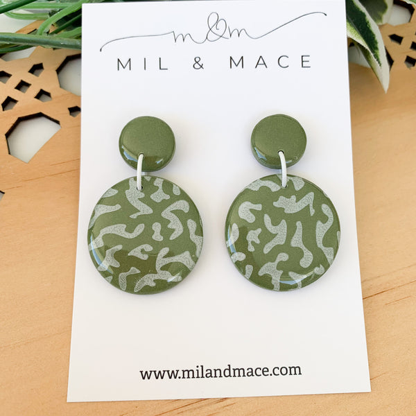 Green and White Polymer Clay Dangle Earrings with Resin Finish