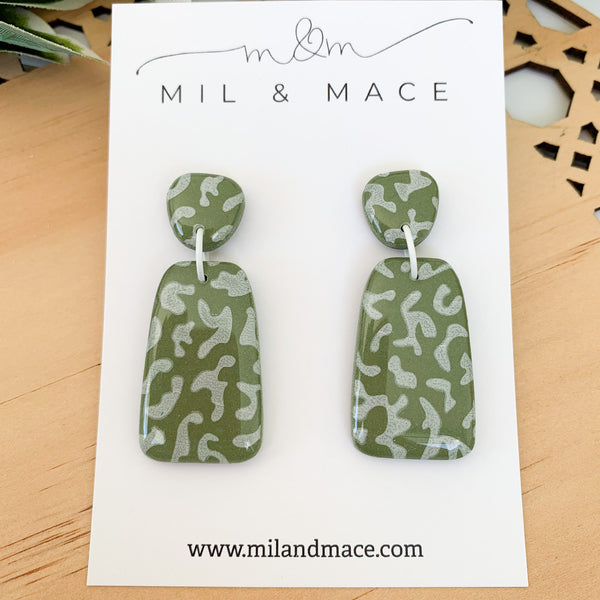 Green and White Polymer Clay Dangle Earrings with Resin Finish