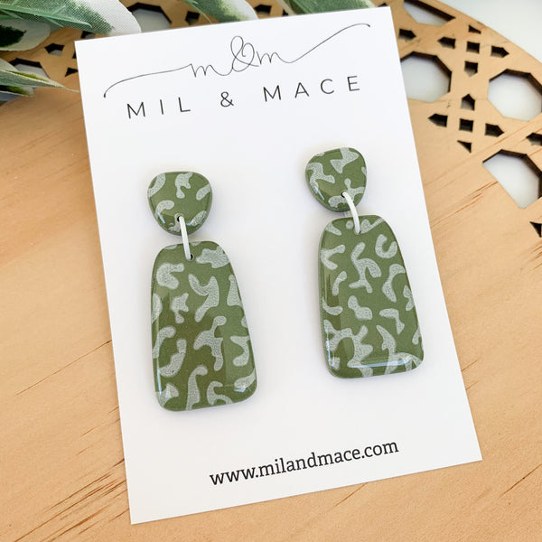 Green and White Polymer Clay Dangle Earrings with Resin Finish