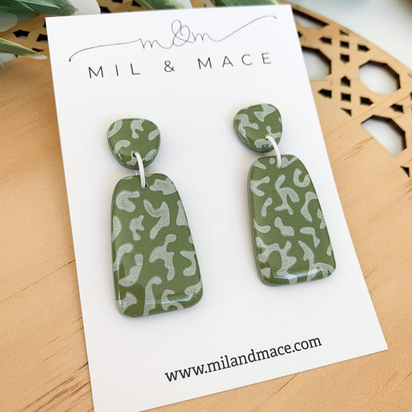 Green and White Polymer Clay Dangle Earrings with Resin Finish