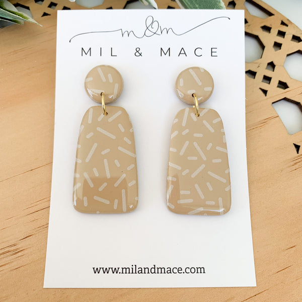 Latte and White Confetti Polymer Clay Dangle Earrings with Resin Finish