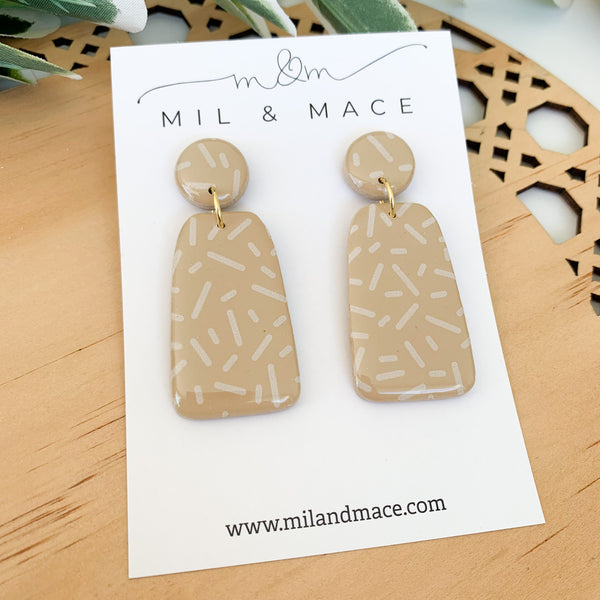 Latte and White Confetti Polymer Clay Dangle Earrings with Resin Finish