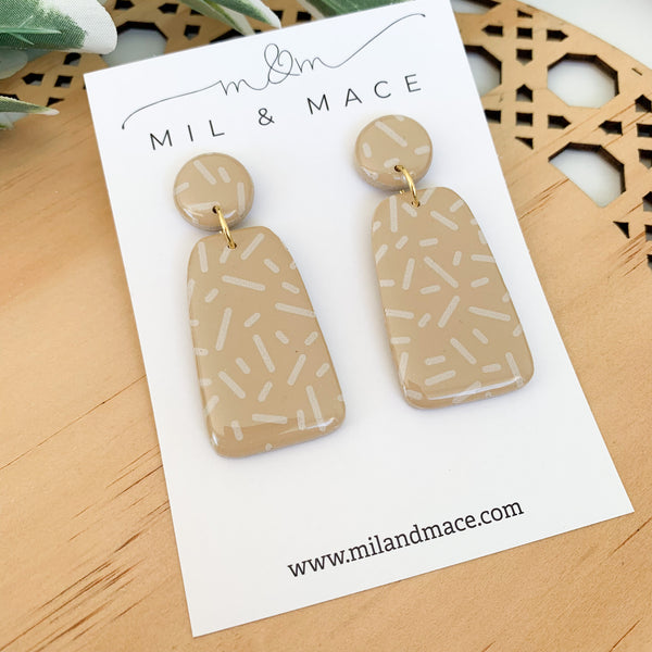 Latte and White Confetti Polymer Clay Dangle Earrings with Resin Finish
